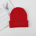 Winter warm red knitted beanie hat with RAW embroidery in minimalist street fashion style - One Size / Red