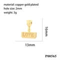 Detailed view of 16mm gold-plated LOVE pendant with precise dimensions and zircon inlay - P00565-LOVE Rectangle Tag