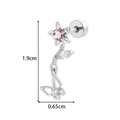 Silver barbell earring with pink flower, clear gem leaf, and butterfly details - Flower Butterfly Style (902-8# Silver)