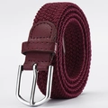 Elastic braided belt in wine red featuring a silver metal buckle and matching leather trim - Burgundy