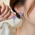 Sparkling heart tassel earrings featuring a purple to blue rhinestone gradient design - Pink Gradient Sky Blue Tassel (DTE1216380P-SB)