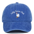Detailed close-up of Silly Goose Club embroidery on a blue washed cotton baseball cap - Sapphire Blue