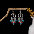 Bohemian silver hollow ring earrings with turquoise and vintage red circular beads - Silver + Red Blue Beads Tassel (E5810-3/Color)