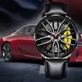 Men's car rim watch featuring silver hub design, yellow brake calipers and black leather strap - T38 Black Leather Band Yellow Wheel