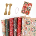 Vintage Christmas kraft paper wrapping set with 6 festive patterns, jute ropes and stickers - Set 1