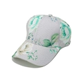 Gros plan détaillé d'une casquette d'été avec imprimé floral et texture en lin léger - M (56-58cm) / Style D-Base Grise Feuilles Vertes Fleurs Blanches