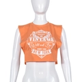Close-up of orange sleeveless crop top featuring vintage white Brooklyn printed letters - M / Orange