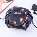 Portable large capacity drawstring makeup bag with orange fox patterns on navy blue - Navy Fox