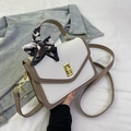 Chic contrast small square bag in white and khaki with checkered silk scarf handle - Khaki and White