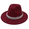 Fashionable burgundy wide brim fedora hat with sparkling acrylic diamond chain - Burgundy