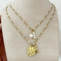 Gold plated stainless steel double layered necklace with pearl and monstera leaf charm - Monstera Leaf Pendant / White