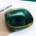 Set of luxury emerald green square fruit plates with golden rim and ribbed texture - Vertical Stripe Plate (Emerald Green)