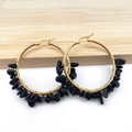 Detail of gold hoop earrings with hand-wrapped black natural crystal stones and wire - Black Stone Style (A-009)