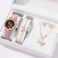 Golden butterfly jewelry set with pink leather watch, necklace, and rings in a gift box - Pink (Orange Box)