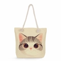 Detail of canvas tote bag with cartoon cat print and natural jute rope handles - Beige Cute Cat (msk1221)