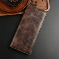 Retro dark brown men's long leather wallet with vintage distressed texture and stitching - Coffee