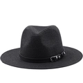 Détail d'un chapeau de paille noir avec ruban en cuir et boucle métallique - Noir