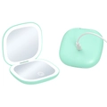 Mint green foldable LED makeup mirror with USB charging and 5x magnifying dual surfaces - 5X Magnification / Double-sided Light / Magnetic Control / Rechargeable / Green