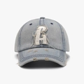 Vintage light blue washed denim baseball cap featuring white letter R patch and distressed brim - Adjustable / Gray Blue