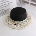 Black straw sun hat featuring beige lace trim and blue floral ribbon decoration - Three-Color Lace Straw Hat Black