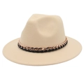Detail of beige fedora hat featuring gold metal chain and black ribbon band decoration - M (56-58cm) / Beige (Black Chain Decor)