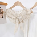 Beige crochet knitted lace faux collar shawl with bow tie ribbon on wooden hanger - 6125 Hollow Knit Fake Collar Style / Off White