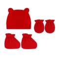 Ensemble 3 pièces rouge pour nouveau-né avec bonnet à oreilles d'ours, moufles et chaussons - Rouge