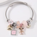 Adjustable stainless steel heart and crystal bear charm bracelet with pink enamel beads - Pink