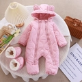 Rosa Baby-Schneeanzug mit Kapuze, Bärenohren und passenden gesteppten Babyschuhen - 66CM / Rosa