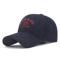 Dark blue corduroy baseball cap with red embroidered lettering and warm fleece lining - Adjustable / Navy Blue