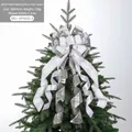 Large silver and white plaid Christmas tree topper bow with Merry Christmas print - Silver White Pattern
