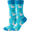 Detail of blue knitted crew socks featuring elegant swan patterns and lily pads - Blue Swan