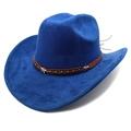 Close-up of royal blue faux suede cowboy hat with star-studded leather decorative band - M (56-58cm) / Sapphire Blue