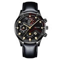 Quarz-Herrenuhr im Business-Stil mit schwarzem Lederarmband und Kalender-Zifferblatt - Schwarzes Zifferblatt Goldene Zeiger Schwarzes Gehäuse