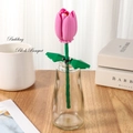 Pink tulip building block flower model in a glass vase on a wooden desk centerpiece - Tulip 260-28 / Bag Packaging