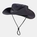 Detail view of dark grey outdoor hat with reinforced stitching and metal side buttons - One Size / Dark Gray