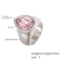 18K gold-plated stainless steel ring with large teardrop pink zircon stone, size 7 - US 7 / Steel Pink Zircon