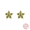 Close-up of S925 sterling silver flower earrings with emerald green crystals and gold plating - Gold - Olive Green Zirconia