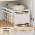 White single-tier pull-out cabinet organizer with wood handle and metal frame - Single Layer / Elegant White