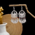 Ethnic style silver dangle earrings with vibrant red and blue beads and feather fringe - Hollow Ring Feather Tassel Multicolor Beads Style (E6047-02/Multicolor)