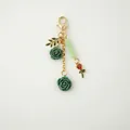 Handmade green resin rose flower keychain with vintage gold heart clasp and leaf charm - Light Green (A586)
