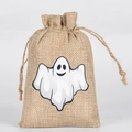 Burlap Halloween candy bag with white ghost print and drawstring closure - 10*15cm / White Ghost
