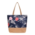 Navy floral tote bag with tropical leaf print and jute base for beach or shopping - Dusky Blue Orange Flower