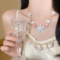 Detailed view of sea shell and starfish pendant necklace with pink crystals and pearls - Gold Multi-layer Starfish Pearl (2#)