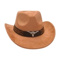 Classic camel faux suede western cowboy hat with decorative bull head pendant - Khaki