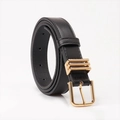 Classic black PU leather belt for women with a gold square buckle and decorative triple rings - Black