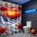 Detail of 3D Christmas shower curtain featuring sunset snow scene and red roses - 90*180cm / 25SD-B Sunset Rose