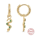 925 Sterling Silver snake earrings with purple flower and green gems on golden hoop - Gold Green Zirconia Snake