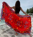 Ethnic style sun protection beach shawl with colorful floral prints and blue fringe details - Red Base Multicolor Scrolling (Retro Scrolling Grass-14)