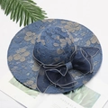 Women's wide brim navy blue lace sun hat with elegant sheer bow on fashion magazine - Floral Navy Blue
